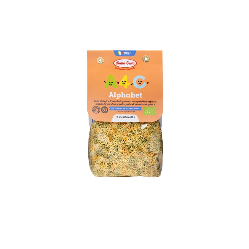 Dalla Costa Mini Alphabet Pasta, Tricolor with Tomato and Spinach, Organic Pasta for Children with Vitamin B1