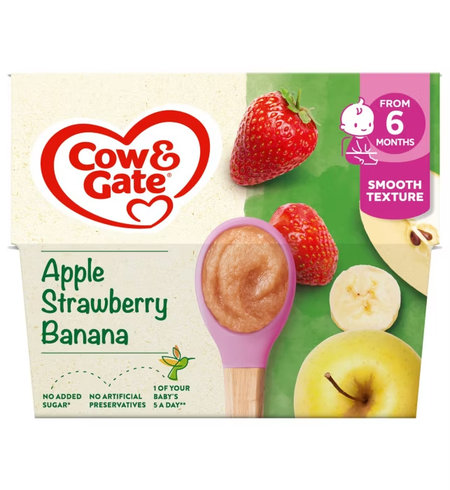 Cow & Gate Apple Strawberry & Banana Baby Food Fruit Pot 6 Plus Months 4x100g